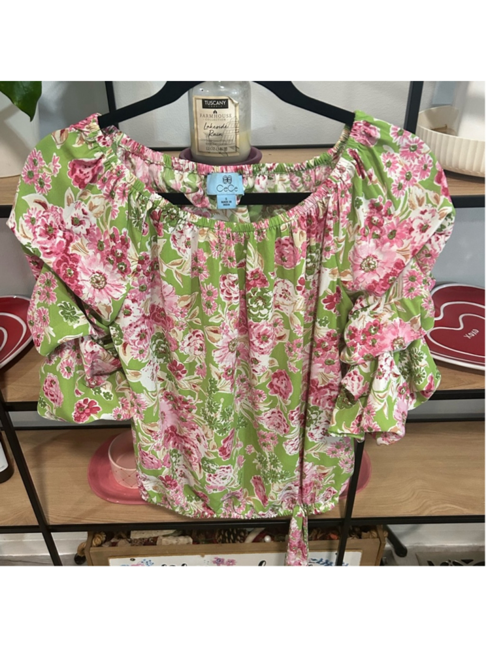 CeCe Floral Ruffle Blouse - Pink and Green